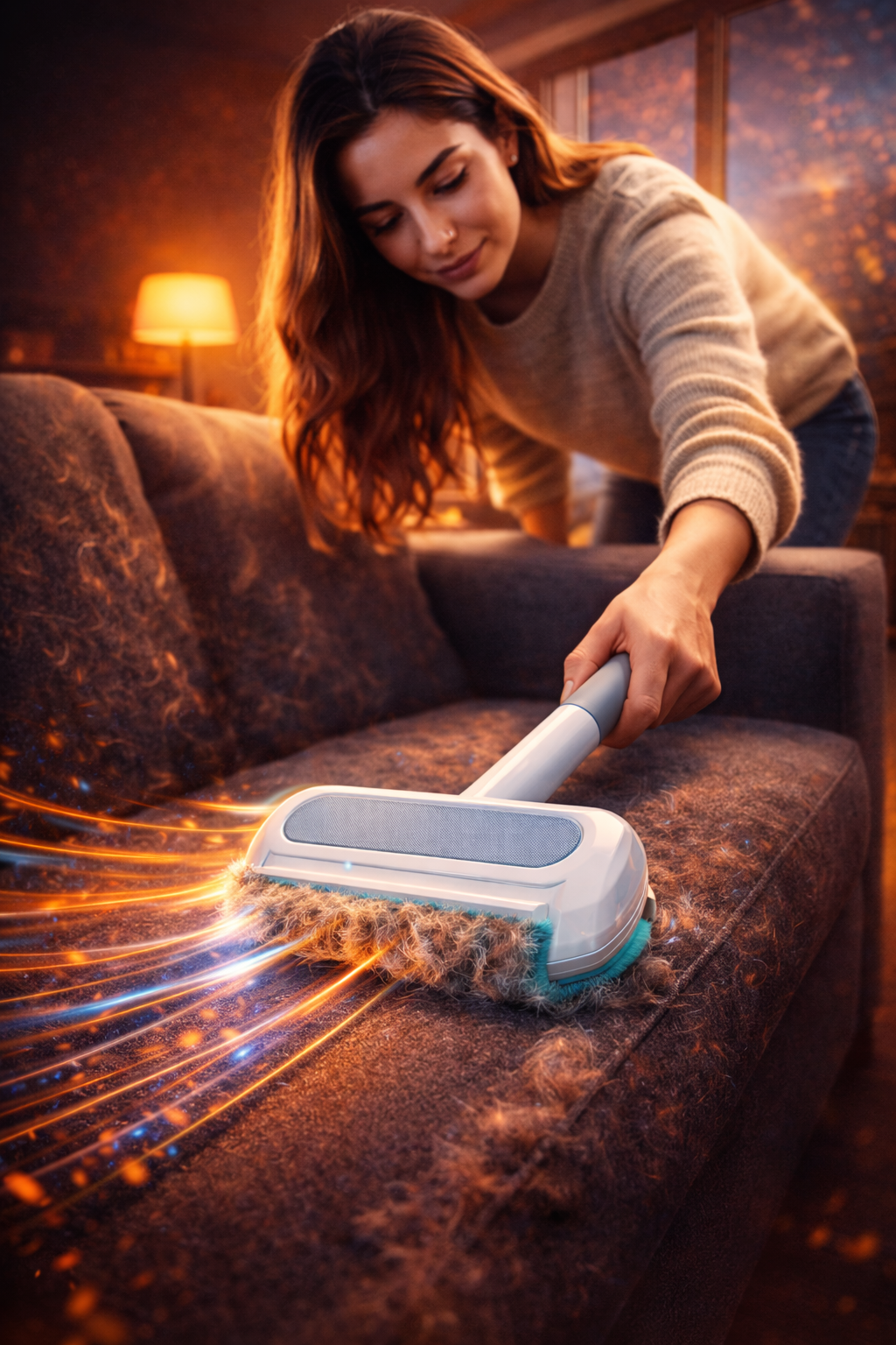 Woman cleaning a sofa with a sparkly cleaning tool in a cozy room.