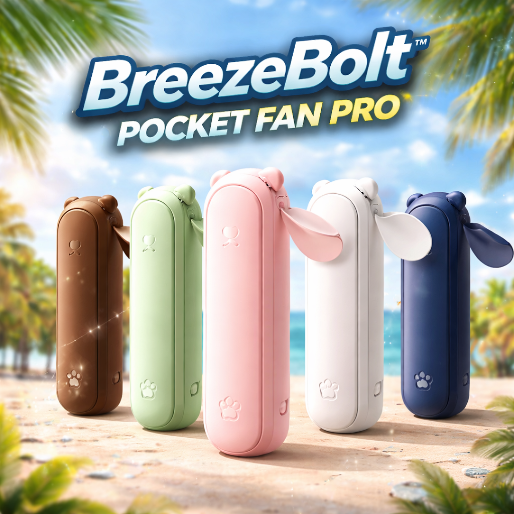 Five colorful pocket fans with 'BreezeBolt' branding against a beach background.