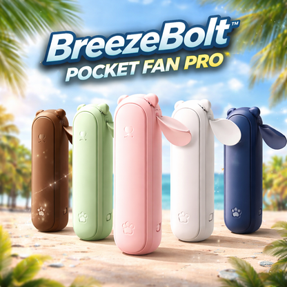 Five colorful pocket fans with 'BreezeBolt' branding against a beach background.