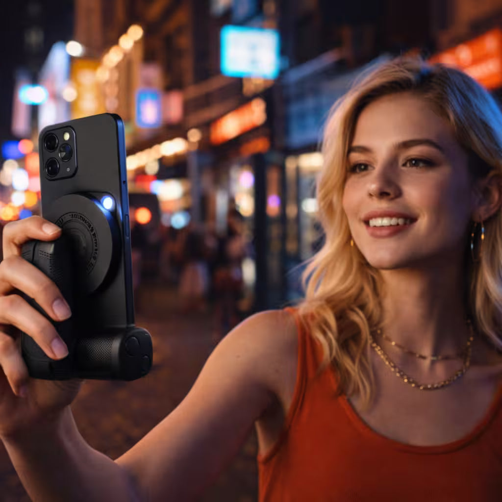Woman taking a selfie with a phone mounted on a Snapgrip Pro on a city street at night with blurred lights in the background