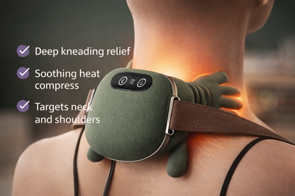 Green neck and shoulder massager being used on a person with features listed.