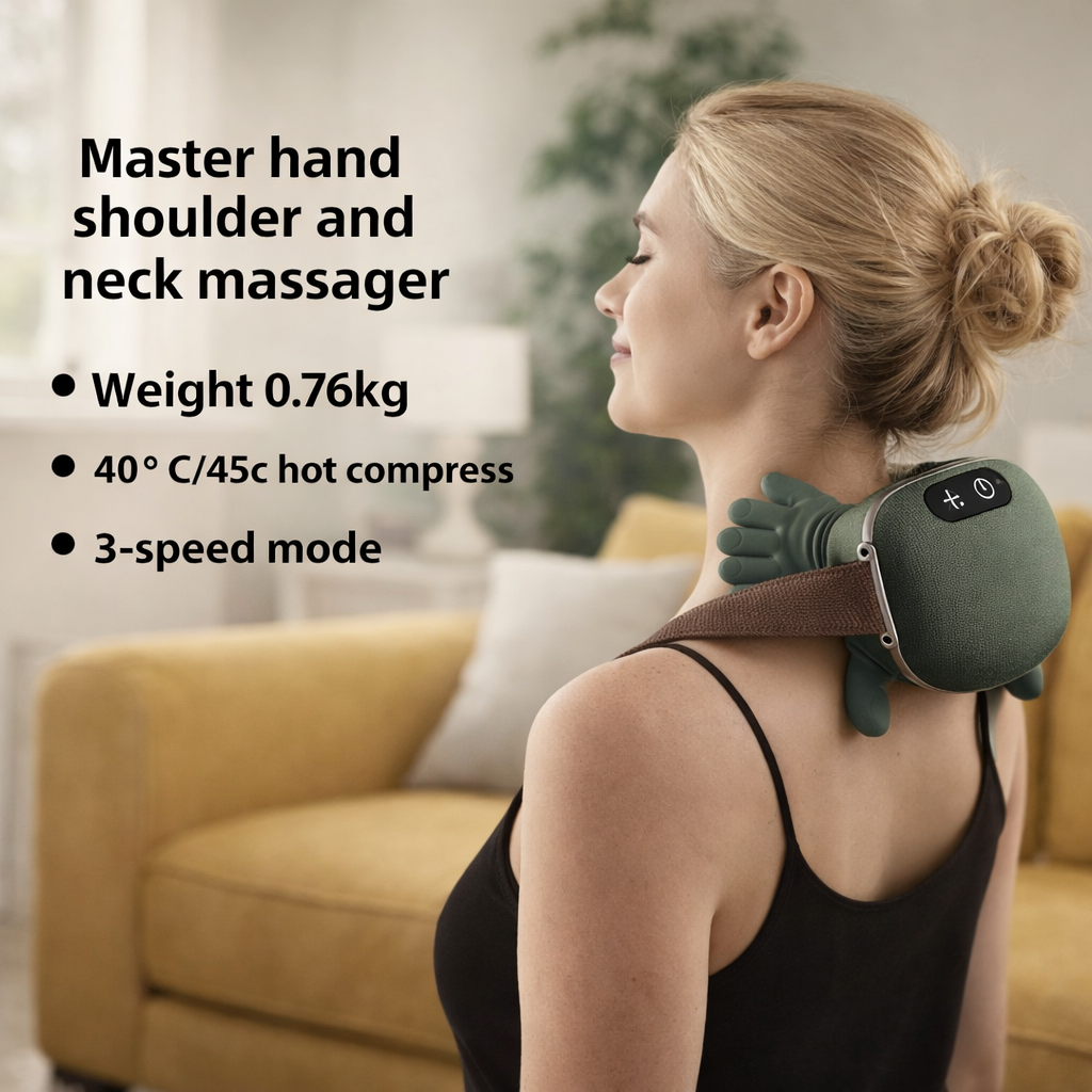 Woman using a neck and shoulder massager with product details on a blurred indoor background