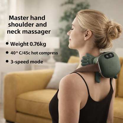 Woman using a neck and shoulder massager with product details on a blurred indoor background
