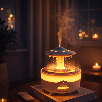 UFO-shaped humidifier emitting steam in a cozy room with candles and plants.