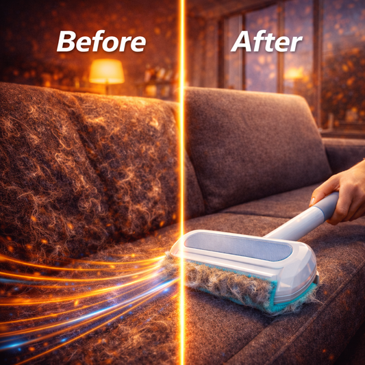 Before and after cleaning of a sofa with a cleaning tool.