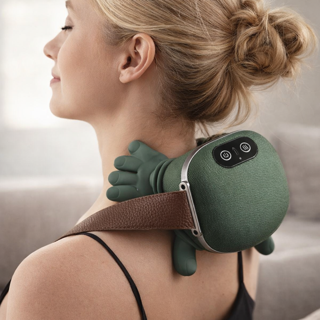 Woman using a green neck and shoulder massager with a blurred background