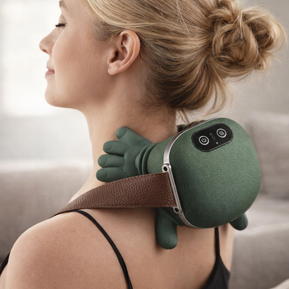 Woman using a green neck and shoulder massager with a blurred background