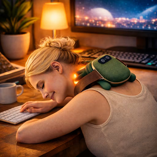 Woman using a neck massager at a desk with a cityscape in the background